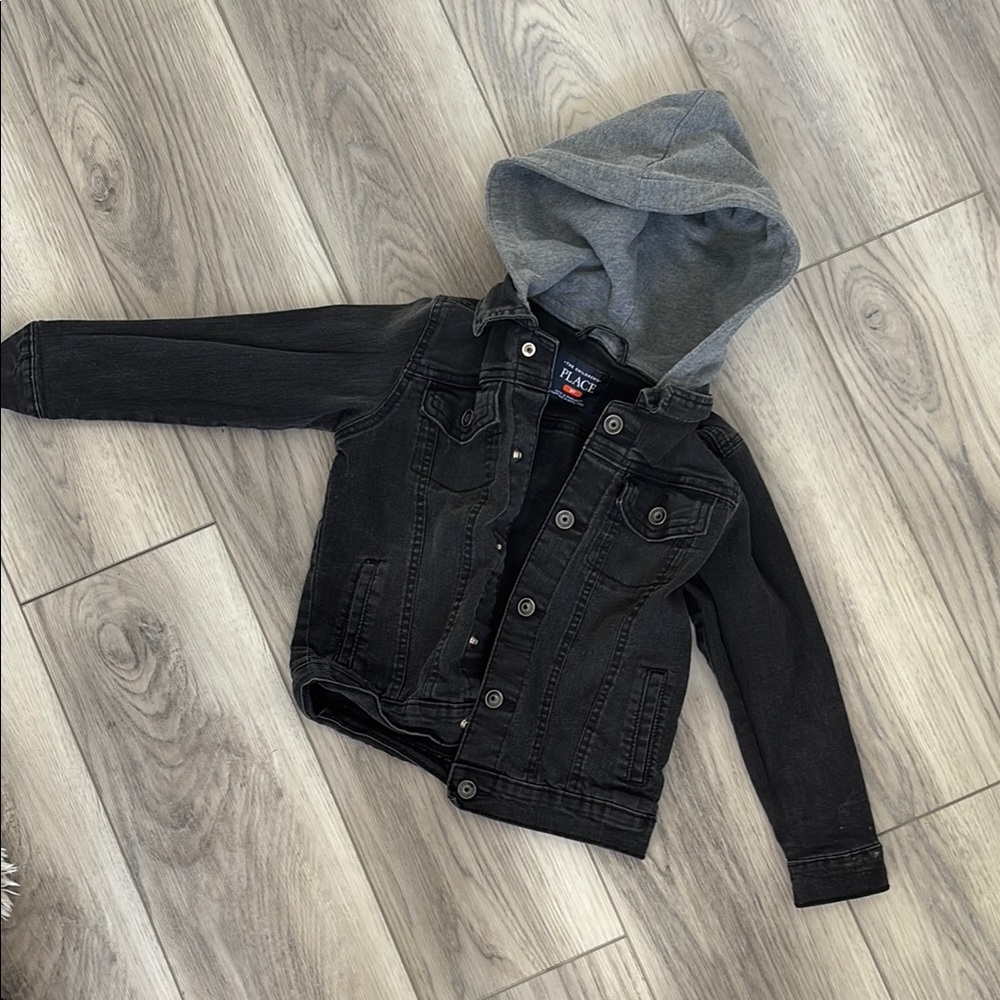 Kids Black Denim Jacket with Gray Hood